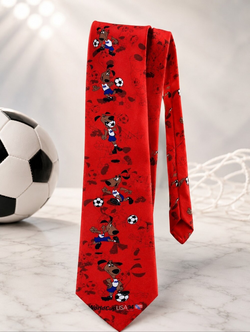 Vintage World Cup USA 94 Soccer Novelty Tie Red Cartoon Dog Necktie Unwornd